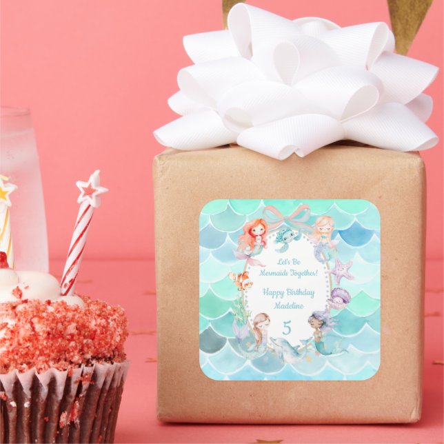 Pegatina Cuadrada Seamos Sirenas Juntos Fiesta Sirena Cumpleaños (Fiesta)