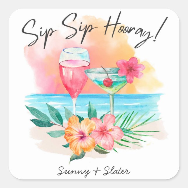 Pegatina Cuadrada Seaside Sippin | Tropical Beach Sip Sip Hooray (Anverso)