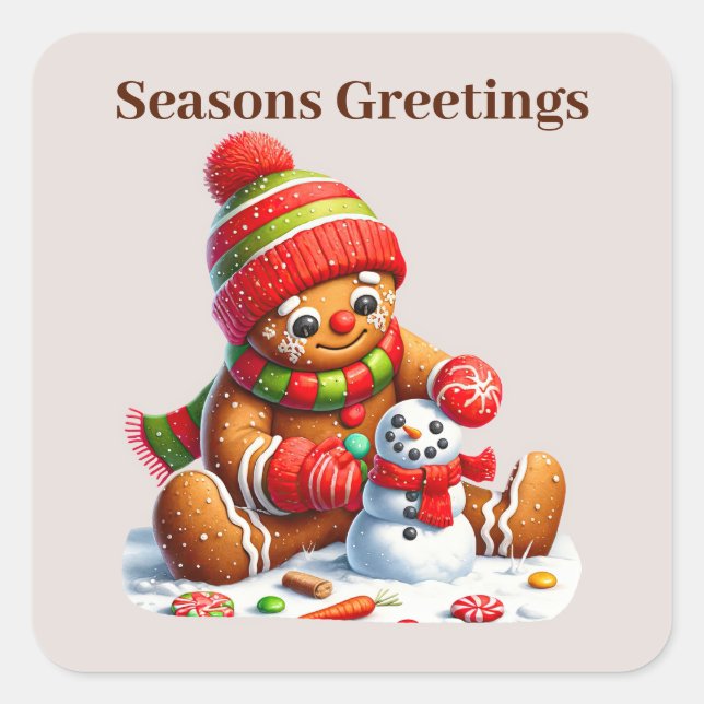 Pegatina Cuadrada Seasons Greetings add message gingerbread (Anverso)