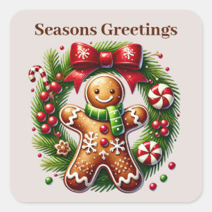 Pegatina Cuadrada Seasons Greetings add text gingerbread