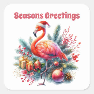 Pegatina Cuadrada Seasons Greetings flamingo rosa
