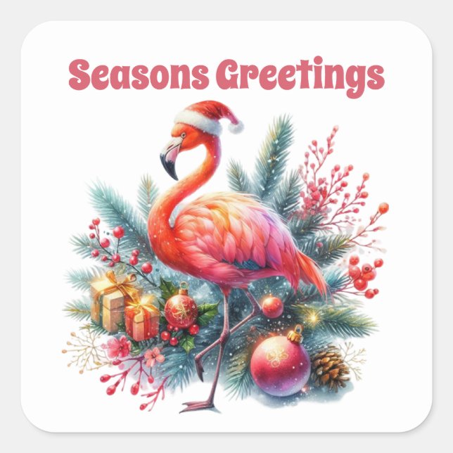 Pegatina Cuadrada Seasons Greetings flamingo rosa (Anverso)