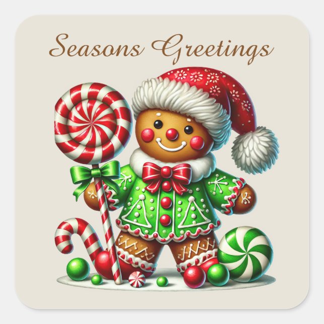 Pegatina Cuadrada Seasons Greetings gingerbread añadir texto (Anverso)