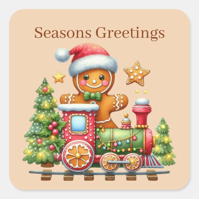 Pegatina Cuadrada Seasons Greetings gingerbread añadir texto (Anverso)