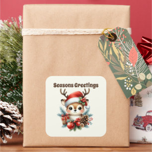 Pegatina Cuadrada Seasons Greetings Navidades de renos