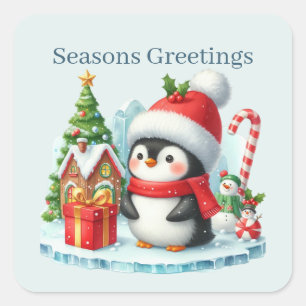 Pegatina Cuadrada Seasons greetings penguin Holiday