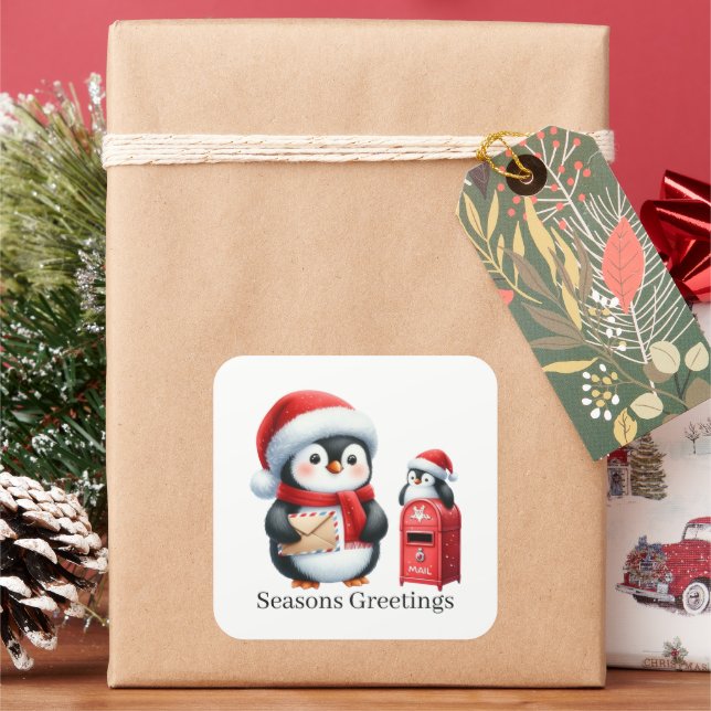 Pegatina Cuadrada Seasons Greetings pingüino añadir texto (Vacaciones)