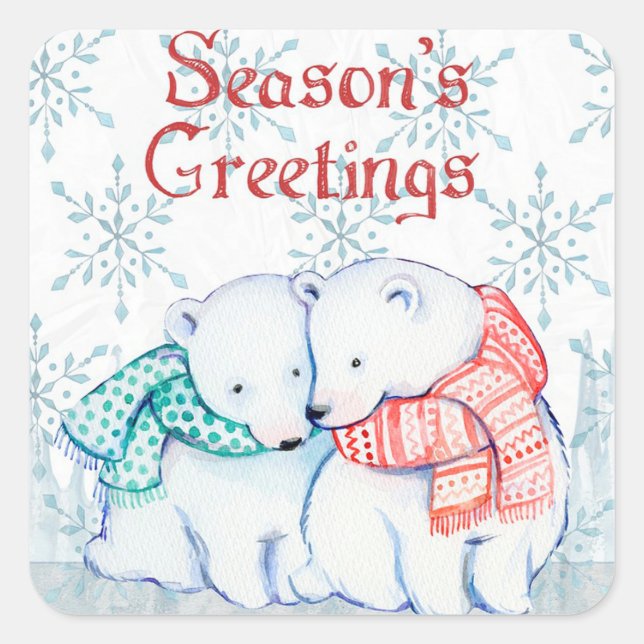 Pegatina Cuadrada Seasons Greetings Polar Bears (Anverso)