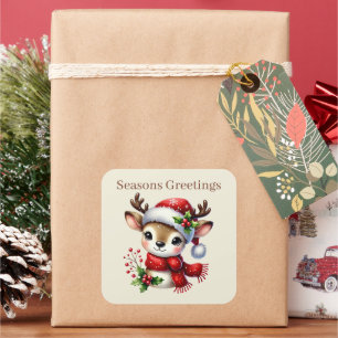 Pegatina Cuadrada Seasons Greetings reno añadir Navidades de texto