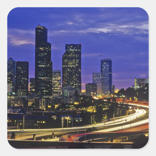 Pegatina Cuadrada Seattle, el horizonte de Washington por la noche (Anverso)