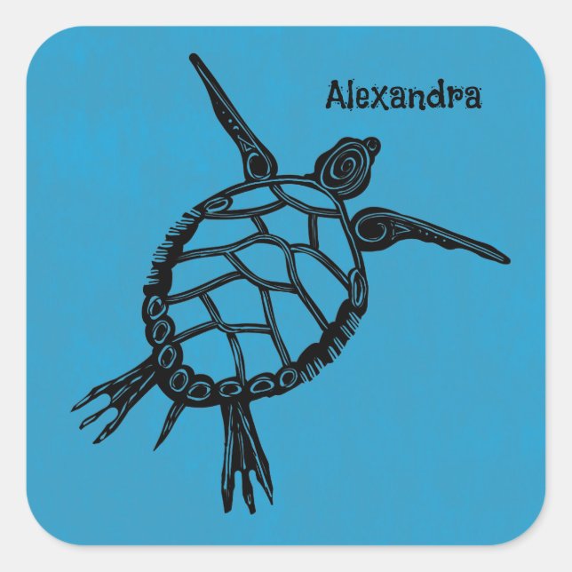 Pegatina Cuadrada Seaturtle Woodcut (Anverso)