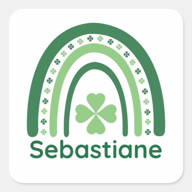 Pegatina Cuadrada Sebastiane Name Clover Boho Rainbow (Anverso)