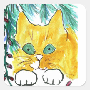 Pegatina Cuadrada Secuencia de la luz de navidad y el gato