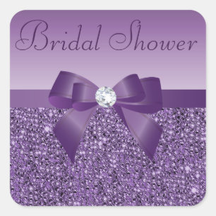 Pegatina Cuadrada Secuencias Purple Faux Bow & Bling Bridal Shower