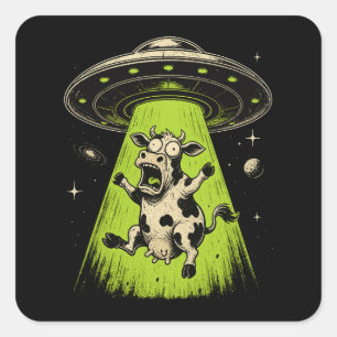 Pegatina Cuadrada Secuestro de vaca alienígena Weirdcore Surrealista