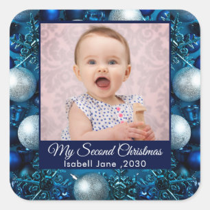 Pegatina Cuadrada Segunda Navidad Personalizado Foto de familia Text