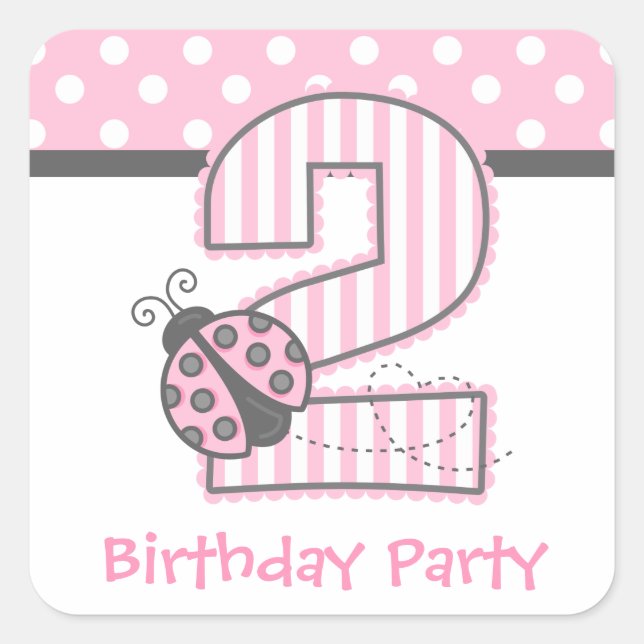 Pegatina Cuadrada Segundo cumpleaños de Pink Ladybug (Anverso)