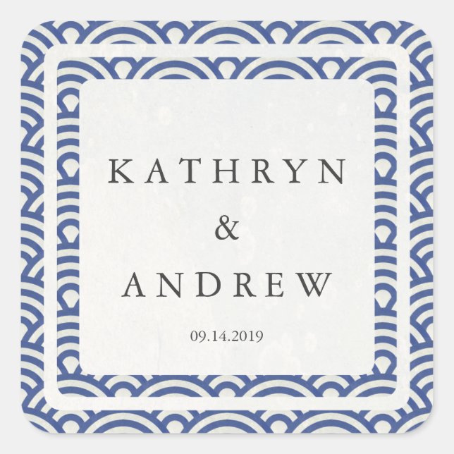 Pegatina Cuadrada Seigaiha japonés ondea nombres personalizados+Boda (Anverso)