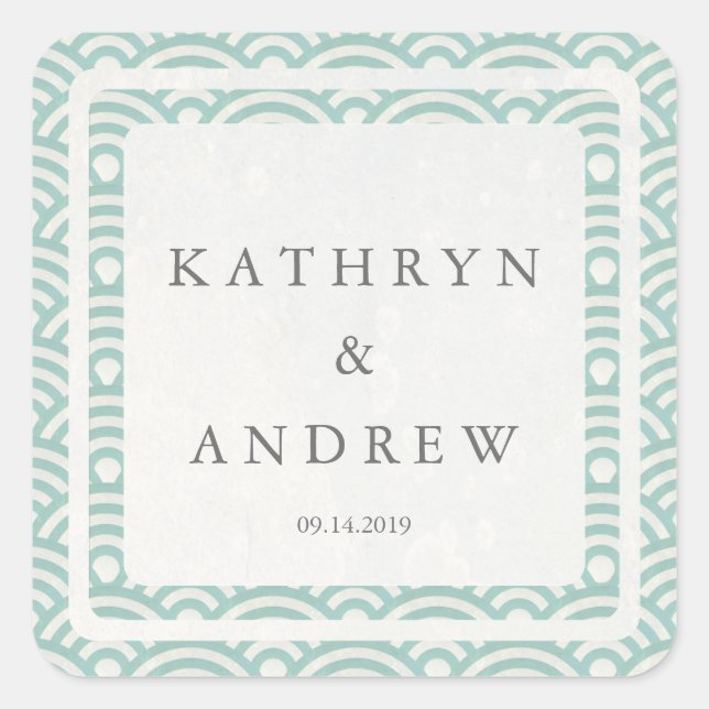 Pegatina Cuadrada Seigaiha japonés ondea nombres personalizados+Boda (Anverso)