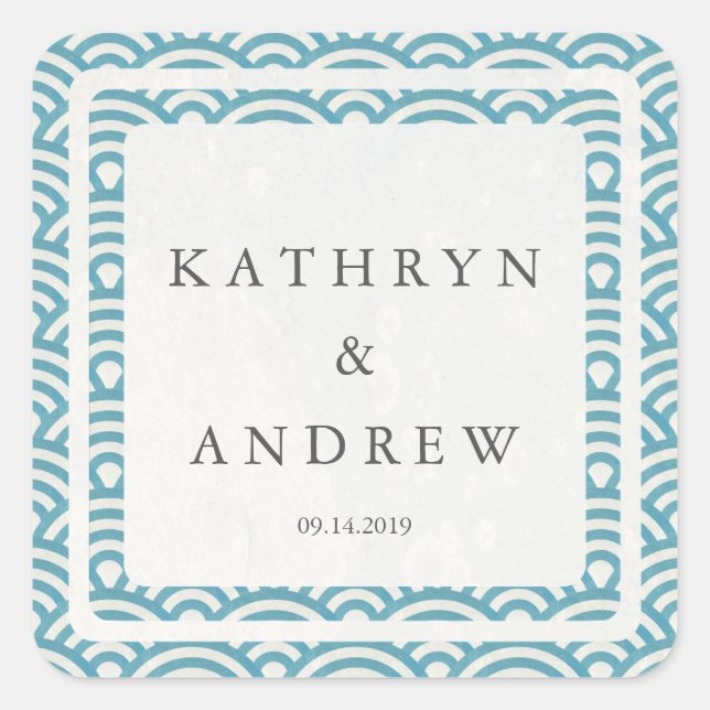 Pegatina Cuadrada Seigaiha japonés ondea nombres personalizados+Boda (Anverso)