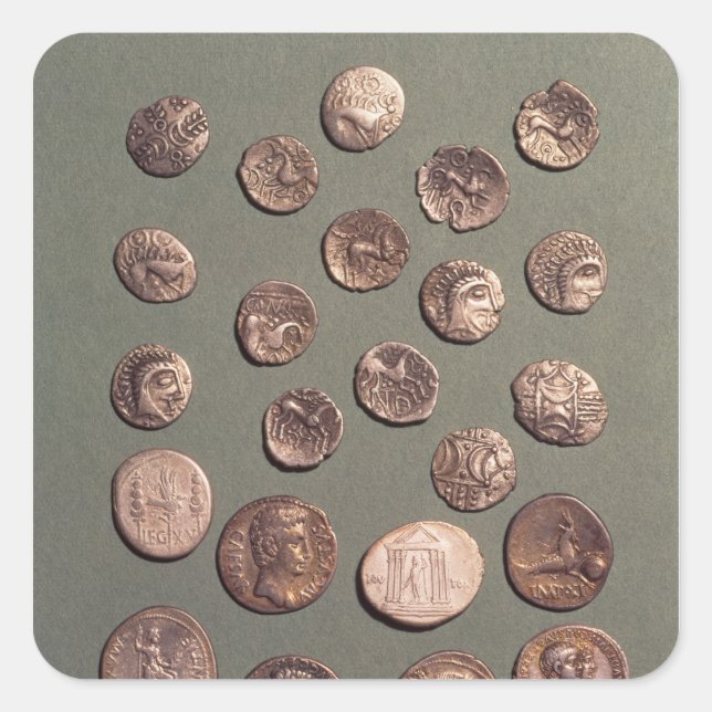Pegatina Cuadrada Selección Monedas celtas y romanas encontradas (Anverso)