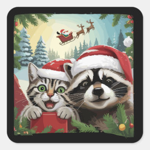 Pegatina Cuadrada Selfie de gato con el trineo de Santa Mapache extr