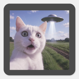Pegatina Cuadrada Selfie de gato con ovni alienígena