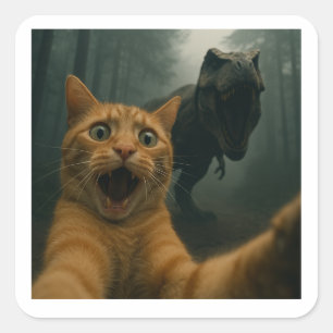 Pegatina Cuadrada Selfie de gato con T-Rex comedia animal