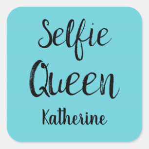 Pegatina Cuadrada Selfie nombre de reina personalizado azul turquesa