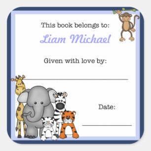 Pegatina Cuadrada Selva de animales libro Plate Blue Boy BOOKPLATE