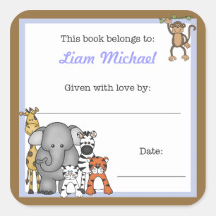 Pegatina Cuadrada Selva de animales libro Plate Blue Boy BOOKPLATE