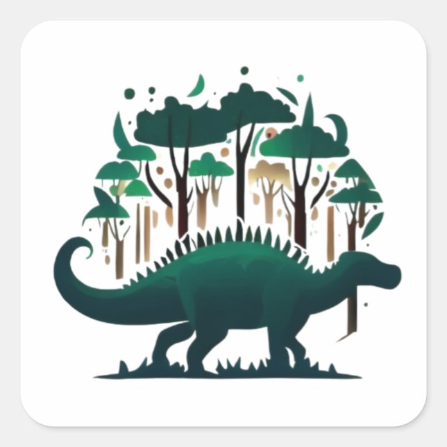 Pegatina Cuadrada Selva de Dinosaurio Verde Único (Anverso)