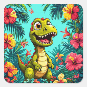 Pegatina Cuadrada Selva de dinosaurios de dibujos animados 🌴 Feliz 