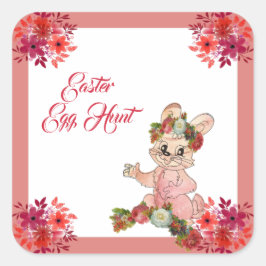 Pegatina Cuadrada Semana Santa Caza de Huevos Bunny Floral Crown Wat
