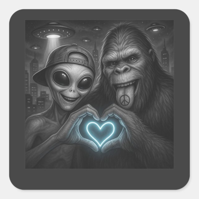 Pegatina Cuadrada Señal de mano de amor alienígena Bigfoot Sasquatch (Anverso)