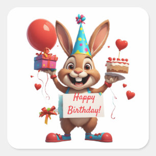 Pegatina Cuadrada Señal de Mensaje de Cumpleaños de Conejito Adorabl