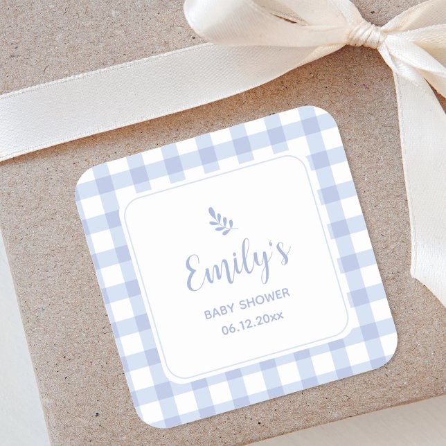 Pegatina Cuadrada Sencillo Elegante Blue Gingham Plaid Boy Baby Show (Subido por el creador)