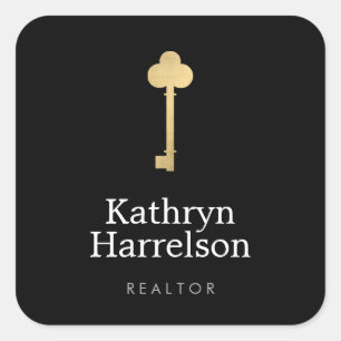 Pegatina Cuadrada Sencillo Faux Gold Key Realator Logo Black
