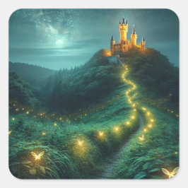 Pegatina Cuadrada Sendero al castillo encantado iluminado por luciér