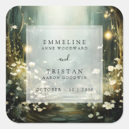 Pegatina Cuadrada Sendero Boscoso Encantado De Flores Boda Verde