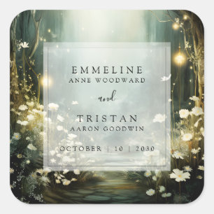 Pegatina Cuadrada Sendero Boscoso Encantado De Flores Boda Verde