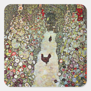 Pegatina Cuadrada Sendero del jardín con gallinas, Gustav Klimt, Art