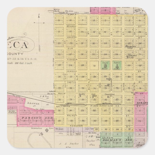 Pegatina Cuadrada Seneca, Oneida, Goffs y Baileyville, Kansas (Anverso)