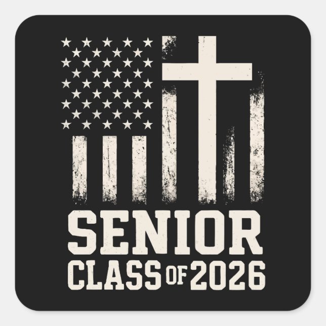 Pegatina Cuadrada Senior Class 2026 Cross Flag USA (Anverso)
