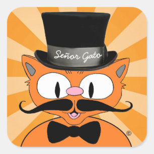 Pegatina Cuadrada Señor Gato Bigote de Dibujos Animados Gato con Cor