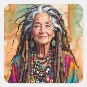 Pegatina Cuadrada Señora Anciana Genial con Cabello Rastas Mujer Hip