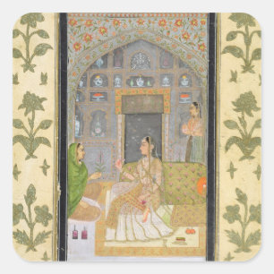 Pegatina Cuadrada Señora asentada en un pabellón con los asistente