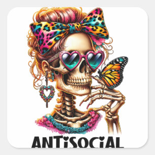 Pegatina Cuadrada Señora del Skeleton Antisocial