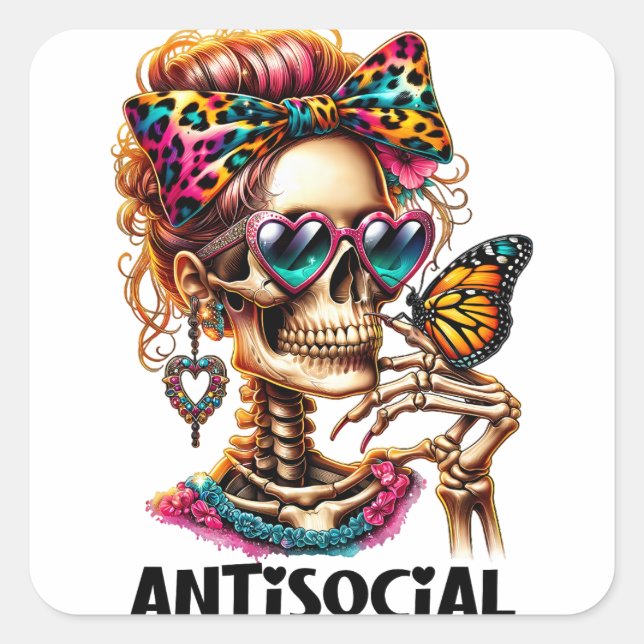 Pegatina Cuadrada Señora del Skeleton Antisocial (Anverso)
