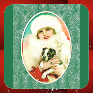 Pegatina Cuadrada Señora del vintage con Boston Terrier